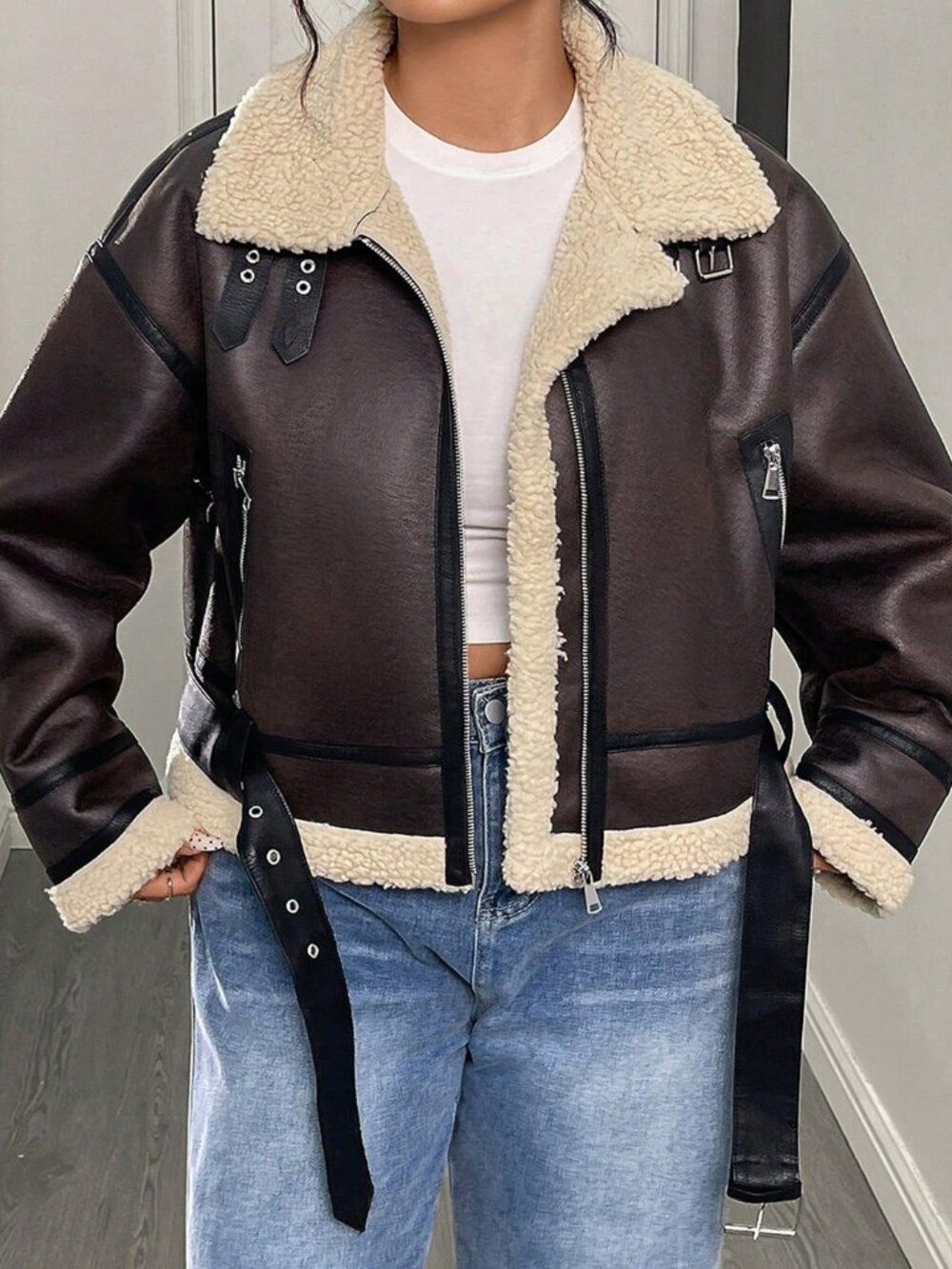 Brown Casual Women's Faux Lamb Fur Faux Leather Short Jacket - Picture 5 of 6